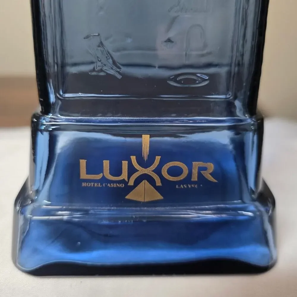 Vintage 1990 Luxor Hotel Casino Las Vegas Blue Glass Hieroglyphics Souvenir Vase